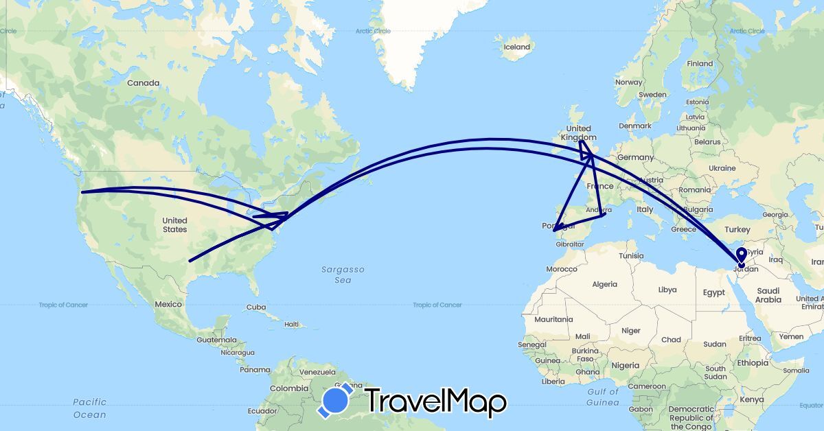 TravelMap itinerary: driving in Spain, United Kingdom, Jordan, Portugal, United States (Asia, Europe, North America)